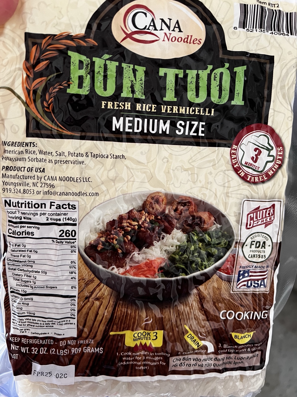 Cana Noodles Bun Tuoi Fresh Rice Vermicelli Medium Size package